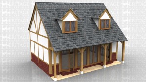 This oak framed house has three bays and a low brick wall to all sides of the building. The front of the house is fully glazed with full length opening garden room windows and the front wall is set back slightly, giving a porch effect. The first floor has two sets of dormers with two pane windows to allow for lots of natural light, and there is trimming for two rooflights to the rear.