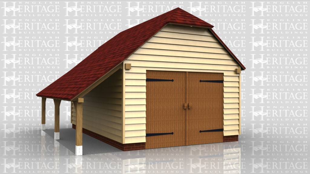 Single oak framed garage with garage doors and a side log store.