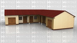 An 'L' shaped oak framed complex incorporating 4 stables, a tack room and two secure storage areas accessed via double doors.