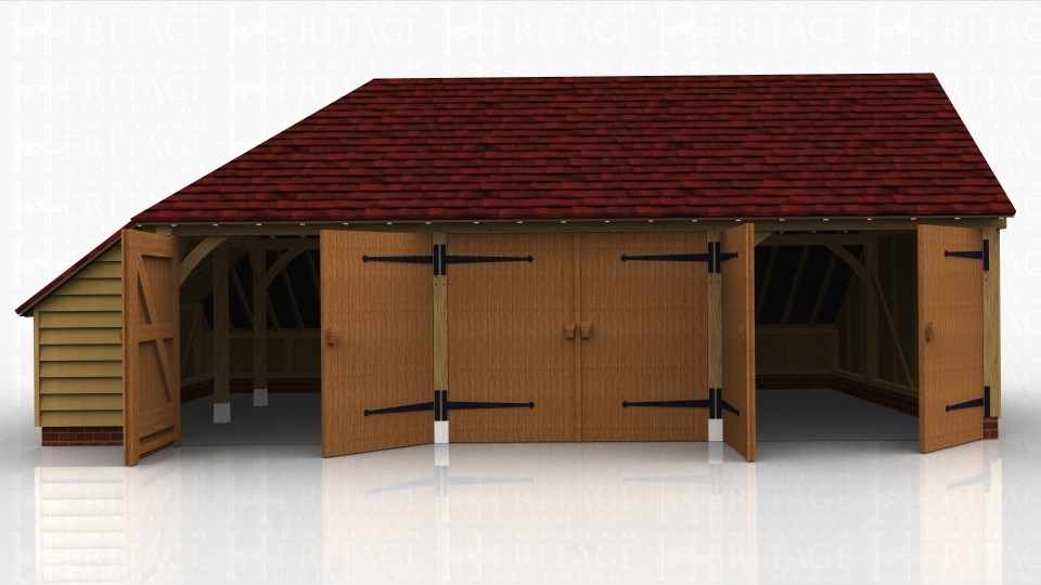3 bay oak framed garage with 3 sets of garage doors and an internal storage area under the side catslide roof.