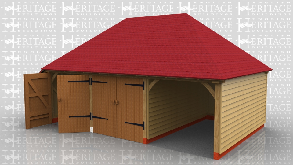 3 bay oak framed garage with slightly higher eaves height to accommodate a camper van. 2 bays are secured with garage doors and one bay is left open.