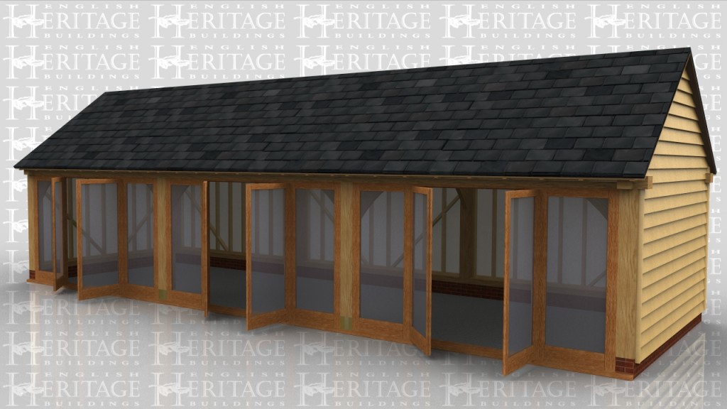 A detached garden room with a slate roof. It is totally glazed along the front with 3 sets of glazed doors. Both the walls and roof are ready to take insulation and plasterboard if required.