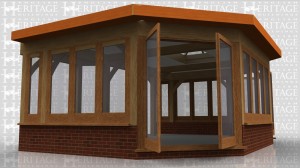An oak framed garden room extension with an octagonal end. There is glazing on all sides and it has a flat roof with glazed roof lantern to get under a first floor window. The glazing is sitting on a dwarf cavity brick wall with 2 sets of glazed doors in the angled corners.