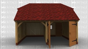 A two bay garage with barn hip ends. On bay is open at the front and the other bay is secured with garage doors. At the back of the enclosed bay is a single door and a 2 light casement window.