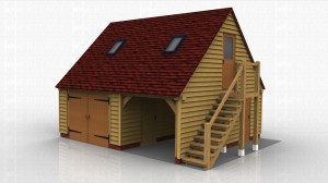 This two storey oak framed garage has two bays, one is enclosed and one is open. The enclosed bay is accessed via standard garage doors to the front and the open bay has a single door to the right hand side. The first floor is accessed via an external oak staircase and has a half glazed door. There are also trimmings for two rooflights.
