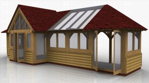 This oak framed garden room is formed of five bays with an enclosed barn entrance on the second bay. It is designed to be attached to an existing building at the rear. The first bay is accessed via a single solid door and a two pane window. The barn entrance has a glazed gable end and a pair of opening garden room windows. The other bays have two pane windows to the front and the end bay has a pair of opening garden room windows.