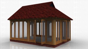 This oak framed garden room is designed to be attached to an existing building. It has full length glazing to the front and rear, with a pair of opening garden room windows to the front, rear and right hand side. The left side is open for attaching to another building.