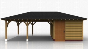 This oak framed garage has three enclosed bays; two of these are accessed on the right hand side of the building, as one is open and the other has a set of garage doors. The bay to the left is accessed by a single door and has a first floor window. There is also an open logstore to the left. There are trimmings for two rooflights.
