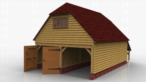 This two storey oak framed garage has three bays; two for parking which are accessed via two sets of garage doors to the right hand side, and one for storage which is accessed via a single door to the left. The left hand side of the building has an open logstore and a single window to the first floor. To the right first floor side there is a four pane window as well as the trimmings for two rooflights. The first floor is accessed by a hatch in the enclosed bay and is designed for storage.
