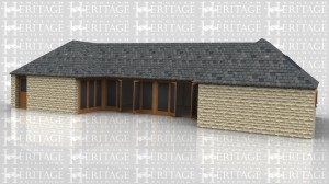 A single storey u-shaped oak frame house which is encased in a combination of brick and stone walls. The slate roof has rooflights along the rear and both sides and full height glazing around the inner part of the u-shape .
