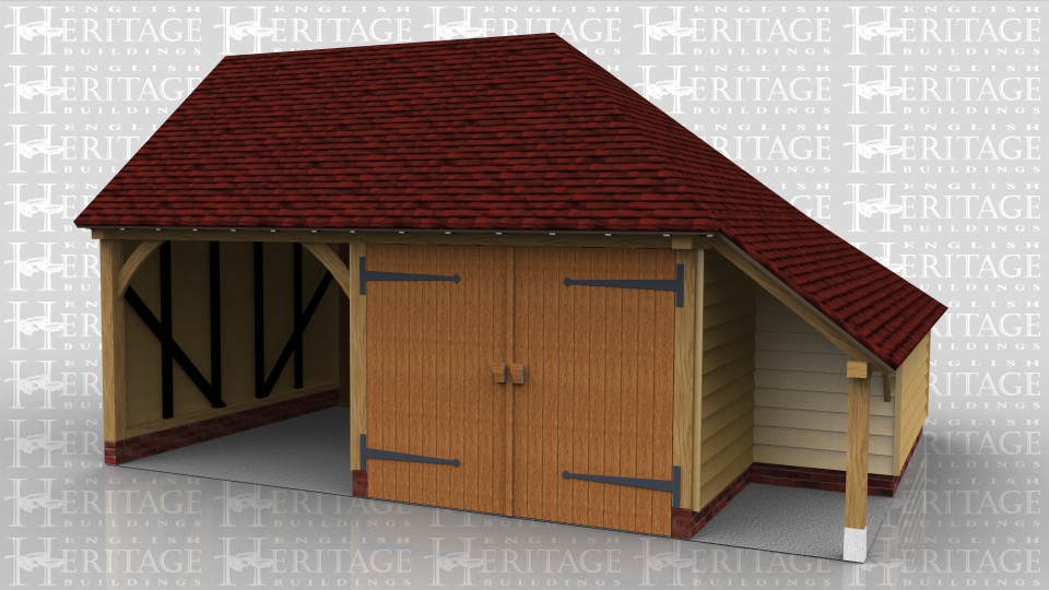 This oak framed garage is made up of two seperate frames. The first is a two bay garage with one open bay and one enclosed. The enclosed bay is accessed by a pair of garage doors to the front. There is a logstore to the right hand side which is enclosed to the rear and open at the front. The second frame is another bay attached to the rear with access via a single door to the right hand side.