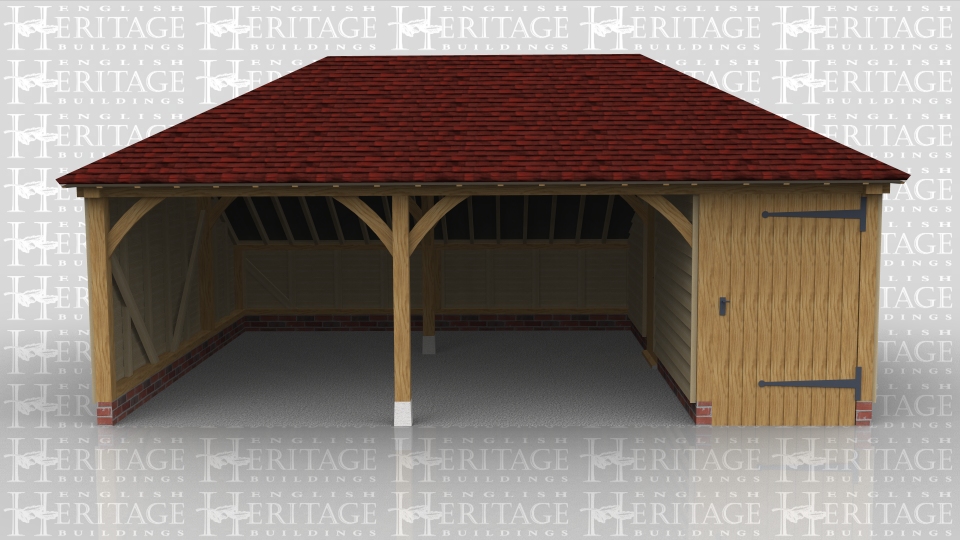 This oak framed garage is formed of three bays, two open and one smaller enclosed bay. The enclosed bay is accessed by a single door to the front, and the garage has an enclosed store to the rear.