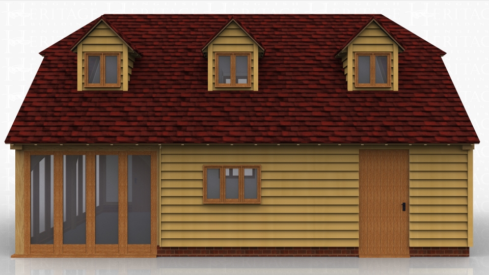 This oak framed house is formed of three bays with an upper floor accessed via an internal staircase, with a set of garage doors to the front of the first bay and a single door to the rear. The centre bay has a three pane window to the front and rear, and the end bay has a single door to the front and full length garden room windows to the rear and the right side of the building. There are six dormers to the roof, each with a two pane window, and the building ends on the first floor have a three pane window.