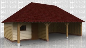 this oak framed garage has three bays, one enclosed and two open. The enclosed bay has a setback partition at the front creating a porch effect, and is accessed by a single solid door and a mullion window to the front.