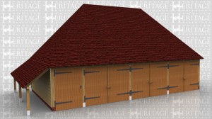 This oak framed garage building has three enclosed garage bays with garage doors to the front. There is one smaller enclosed bay accessed by a single door to the front and designed to be used as a store. There is also an open logstore to the left side.
