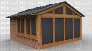A 3 bay garden room extension where one bay is full height cavity brickwork. The front has full length glazed units with the centre two opening as doors. the side windows are sitting on low cavity walls. This building also has a glazed gable and 6 rooflights.
