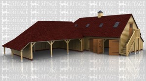This oak framed complex comprises of a three bay open garage with a logsore on the left hand end connected to a four bay raised plate by a small link building. The ground floor of the four bay raised plate is split into two. One two bay section has garage doors to the front and is divide from the other two bays by a partition. The second two bays are used as a store / workshop and are accessed via a single door in the link building. The first floor is accessed via an external oak staircase on the right hand side and this area has four rooflights for added light and one acts as a means of escape. This building also has a clock tower sitting in the centre of the ridge of the four bay building.