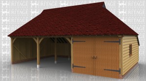 This three bay garage has two open parking spaces and one bay enclosed with garage doors. The roof has leaded gablets both ends and a catslide to the rear.