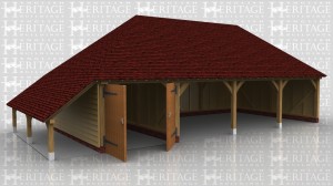 This is a four bay garage with hipped ends and a log store on the left hand side. There are 3 open garage bays and one is enclosed with a partition and a pair of traditional side hung garage doors.