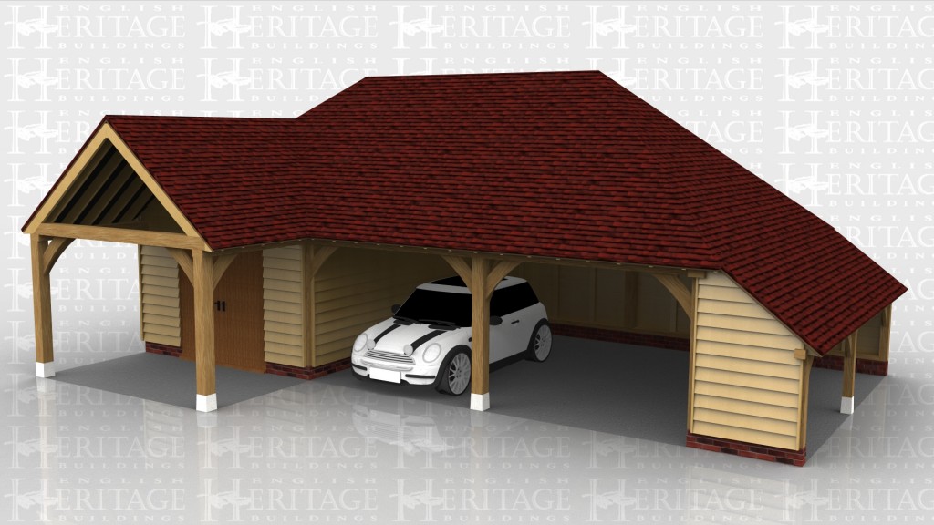 This building has 2 open garage bays with a logstore on the right hand end. The left hand bay is secured with partitions and accessed via a pair of solid single doors and has two rooflights for added light. There is a roof cover between this bay and the house.