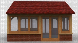This is a 2 bay garden room extension with full height french doors both sides and joinery on dwarf cavity brickwork elsewhere. The rafters are in oak with feature trusses and a warm roof construction.