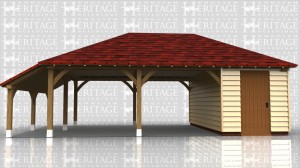 This building is a 2 bay carport with open sides and the third bay is split into 2 seperate store rooms, one accessed by a solid single door and the other by a pair of solid doors. The roof is double hipped with an open logstore on the left hand end.