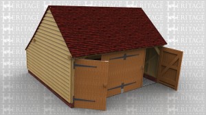 This is a 2 bay garage with gable ends and a rear catslide. It has 2 pairs of garage doors on the front to make it secure.