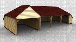 This is a 4 bay open fronted garage which has a wide opening on the left hand side. This left bay is also slightly deeper to accomodate a larger vehicle. The other 3 bays are standard size and there is a catslide roof on the right for storage.