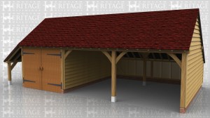 This is a 3 bay garage with gable ends and a rear enclosed catslide and a side open catslide for log storage. One bay is secured with a partition and pair of garage doors.