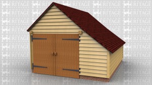 This is an enclosed one bay garage with an enclosed catslide on the right hand side. There is a pair of garage doors on the front.