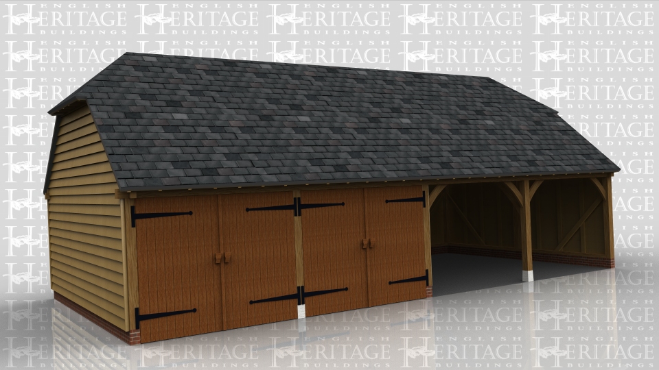 This is a 4 bay full depth garage with barn hip ends. 2 bays are secured with a partition and two pairs of garage doors. There is also a solid single door in the partition to access the enclosed garages.