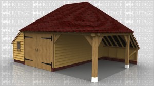 This is a two bay oak framed garage with hipped roof and enclosed storess to rear and one side. One bay is enclosed with a partition and pair of garage doors and the other bay is open to the front and side.