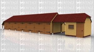 This oak building comprises of a six bay garage which has garage doors on the front of each bay and a log store on the left hand side. Attached to this is a two bay oak frame where one bay is an enclosed store with a solid single door and mullion window and the other bay is open front and back to form a drive through garage.