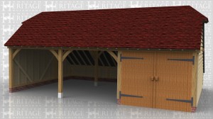 This three bay oak framed garage has barn hip ends and an enclosed store to the rear. One bay is enclosed with a partition and a pair of garage doors leaving the other two bays as open fronted parking spaces.