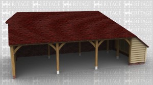 This oak framed building is a three bay open fronted garage with an enclosed store on the rear and right hand side. The rear store roof is sitting on a brick retaining wall.