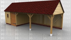 This oak framed three bay garage has one enclosed bay and two open bays. The enclosed bay is designed to be used for a store or workshop and is accessed by a single door to the front and has a window at the front and on the left side.