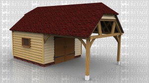 This two bay garage has one enclosed bay with a pair of garage doors and a mullion window to the side. The other bay is open at the sides and has a roof connection for attaching to an existing building.