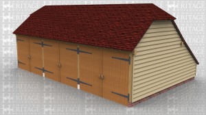 This oak framed garage is formed of three enclosed bays, each accessed by a set of garage doors to the front. There is an enclosed store to the rear.