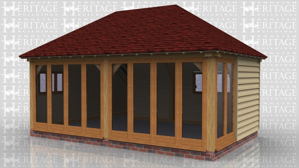 This is a two bay enclosed oak framed building accessed via two pairs of garden room doors at the front. There is an enclosed logstore to the rear along with a four pane window. The front of the building is fully glazed and there are two full length windows on the right hand side and a two pane window to the left.