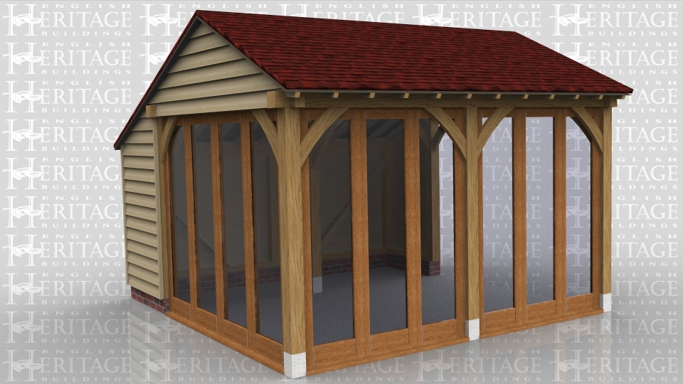 This is an oak framed building which is designed to be attached to an existing building. The front of the building is fully glazed and the left hand side has 4 pane units.