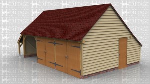 This is an oak framed building with three bays, two of the bays are secure with garage doors and also can be accessed via the single door on the right hand side.The other bay is open. There is an enclosed logstore to the rear and an open store to the left side.