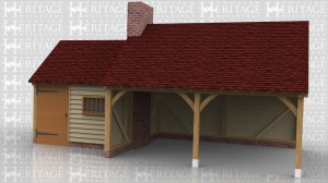 This oak framed building is comprised of two different frames, one is a two bay garage with the front wall left open. The other frame is a single bay store or workshop accessed via a single door to the front and with a mullion window. The store also has a single door on the first floor right hand side and trimming for a chimney.