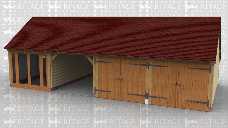 This is an oak framed building with two enclosed garage bays secure with garage doors. The other enclosed bay has a fully glazed door unit and the other bay is open. On the left hand side is a signle pane window.