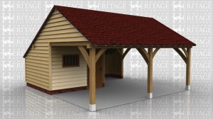 This oak framed garage is formed of two bays; one open and one enclosed. The enclosed bay has a set back partition to form a porch effect, and is accessed by a single solid door and a mullion window. There is an enclosed store to the rear of the building.