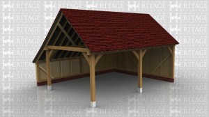 This oak framed garage is designed to be attached to an existing building. It has two open garage bays and an enclosed store to the rear. There is a small circular window on the first floor on the right side.