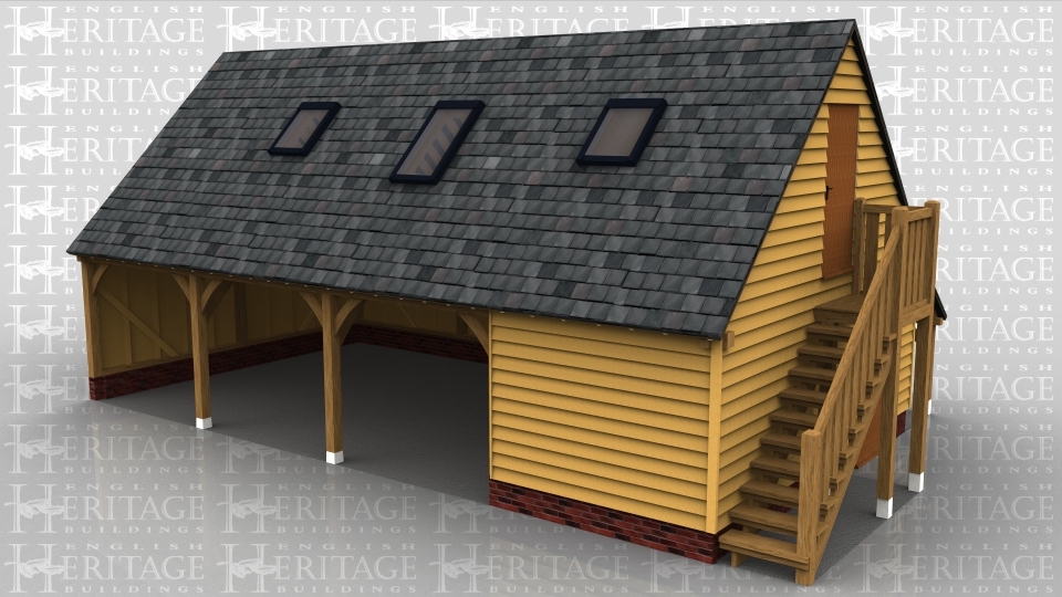 This oak framed two storey garage is formed of three open bays and one enclosed. The enclosed bay is accessed via a single door to the right. The first floor is accessed by an external oak staircase and a single door. There are trimmings for three rooflights and to the rear of the building is an open logstore.