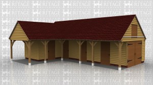 An oak frame equestrian/stable building, with hay store and shelterd roof area.