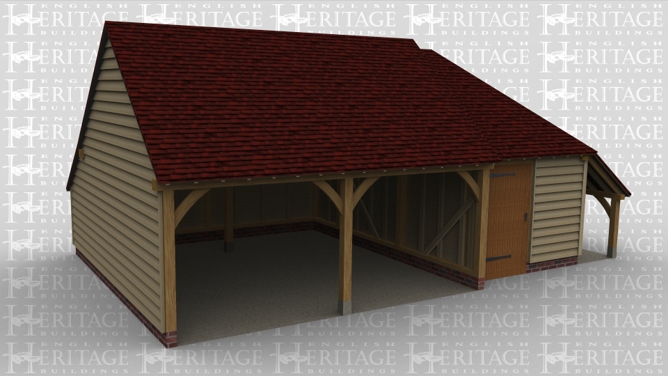 An oak framed garage with two open parking bays, with a studio/storage space next door.