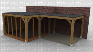 An oak framed building with a flat roof that is 2 bays in size, there is a completely open area with access to an interior area though full height glazed doors. This part of the building has full height glazing on 2 sides to allow for plenty of natural light in the room