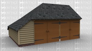 A traditional 2 bay oak framed garage with two sets of garage doors and a aisle to the left.